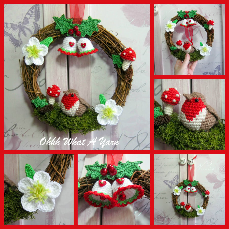 Crochet robin, Christmas wreath. Mixed media decorative wreath.