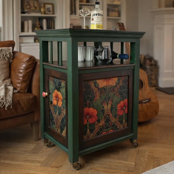 Green Vintage Bar with Art Deco Decoupage Panels and Exposed Wood