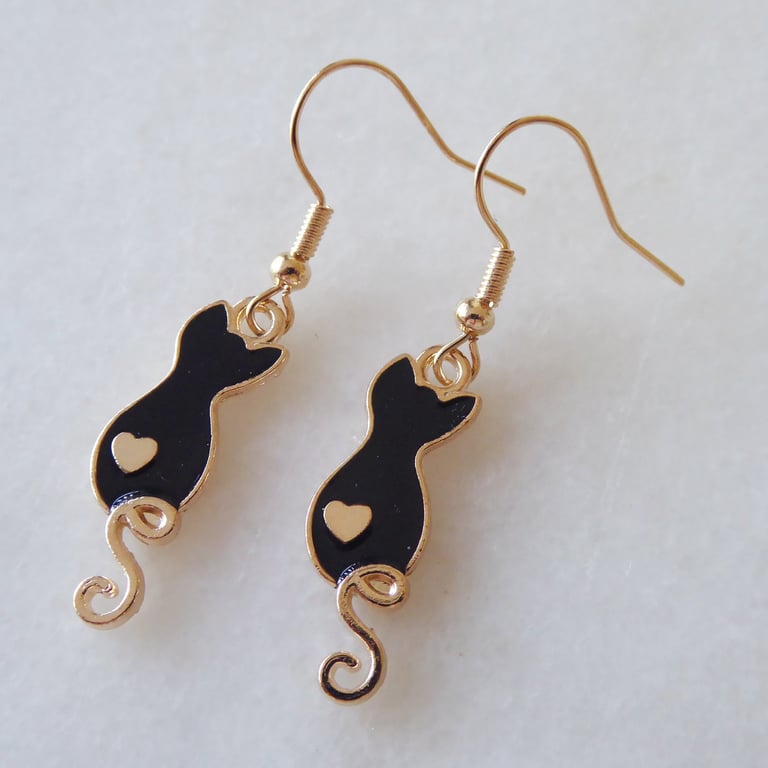 Black Cat with Heart and KC Gold Earrings 