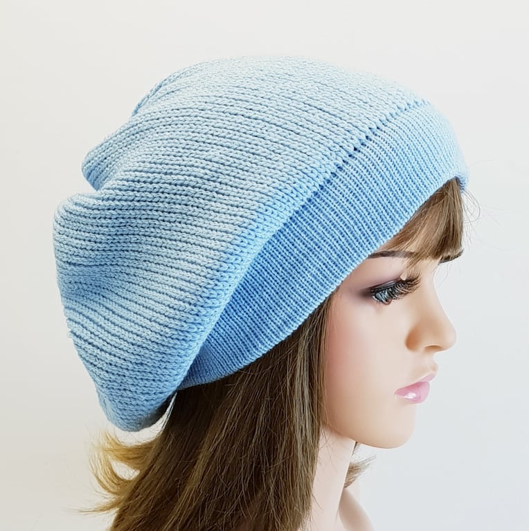 Sky blue baggy beanie hat for women, fall beret, knitted tam
