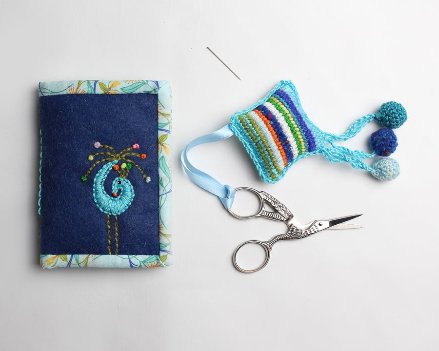Needle case stitched with peacock with matching scissors (gift set)