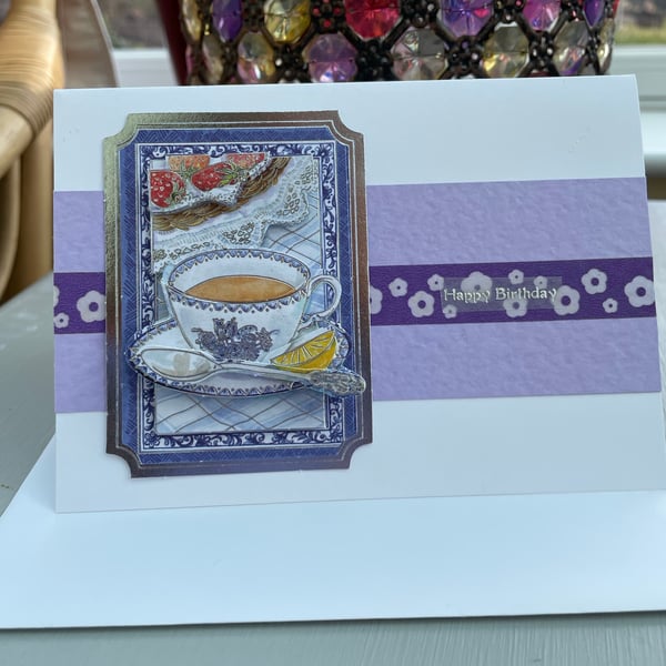 A lovely cup of tea decoupage birthday card