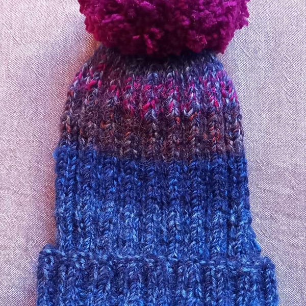 Adult ribbed bobble hat blue, dark pink colour mix with hand sewn chunky bobble