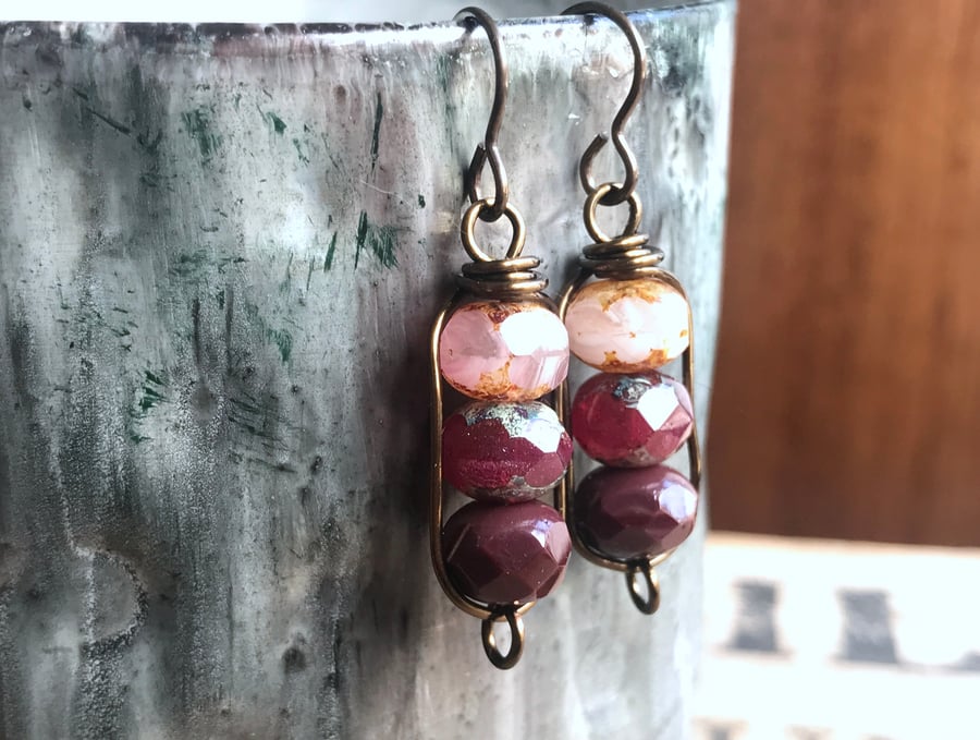 Pink & Burgundy Stacked Czech Bead Earrings. Petite Simple Wire Work Earrings 