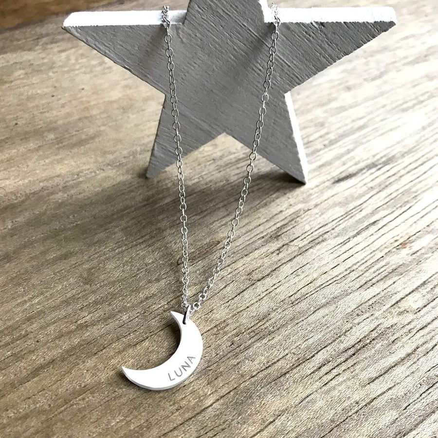 Personalised Sterling Silver Crescent Moon Necklace, half moon necklace