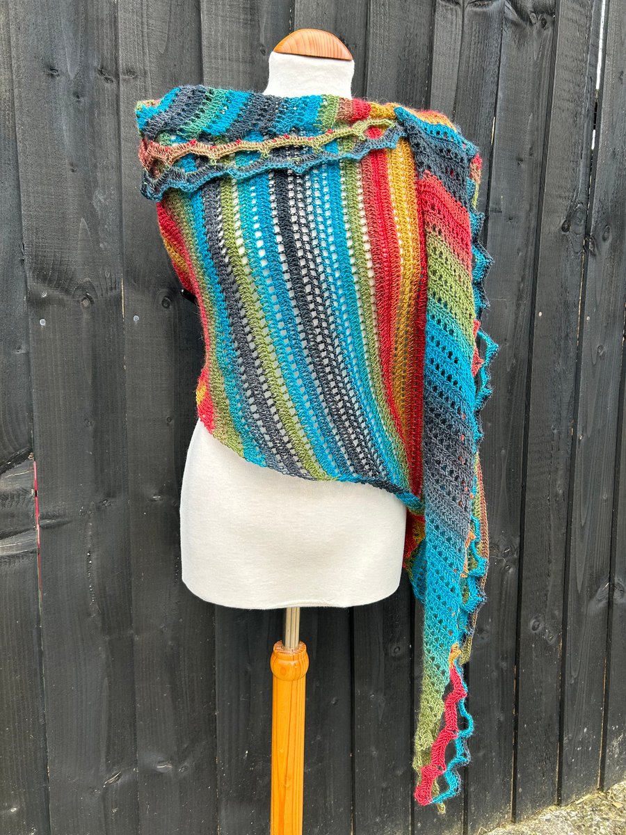 Colourful Wool rich sock yarn asymmetrical triangle lace shawl wrap scarf 