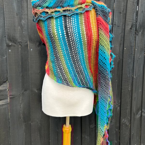 Colourful Wool rich sock yarn asymmetrical triangle lace shawl wrap scarf 