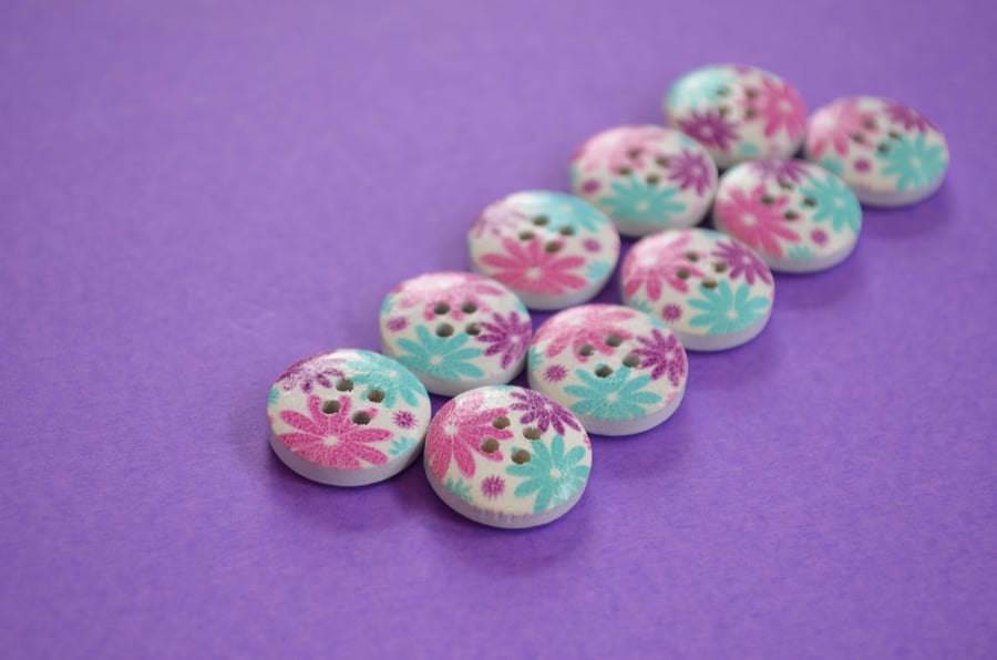 15mm Wooden Floral Buttons Pink Aqua Purple White 10pk Flowers (SF28)