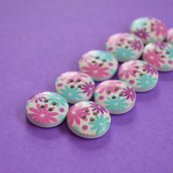 15mm Wooden Floral Buttons Pink Aqua Purple White 10pk Flowers (SF28)