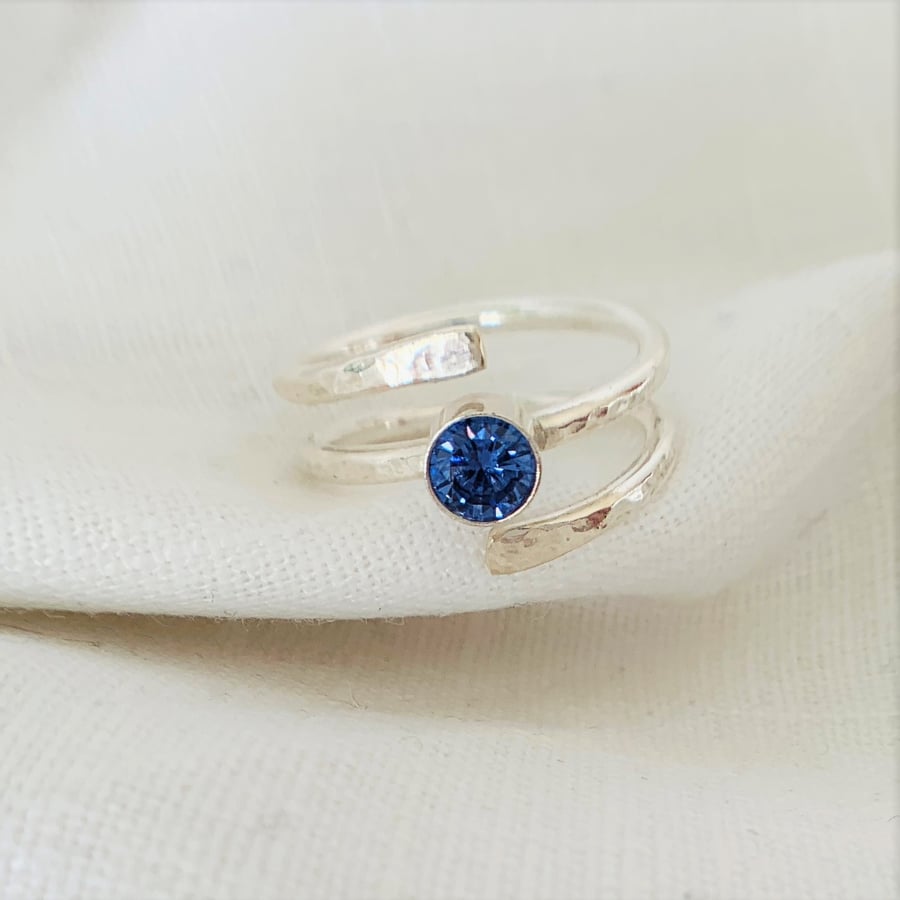 Eco Sterling Silver Wrap Ring set with a Blue Tanzanite Cubic Zirconia Stone