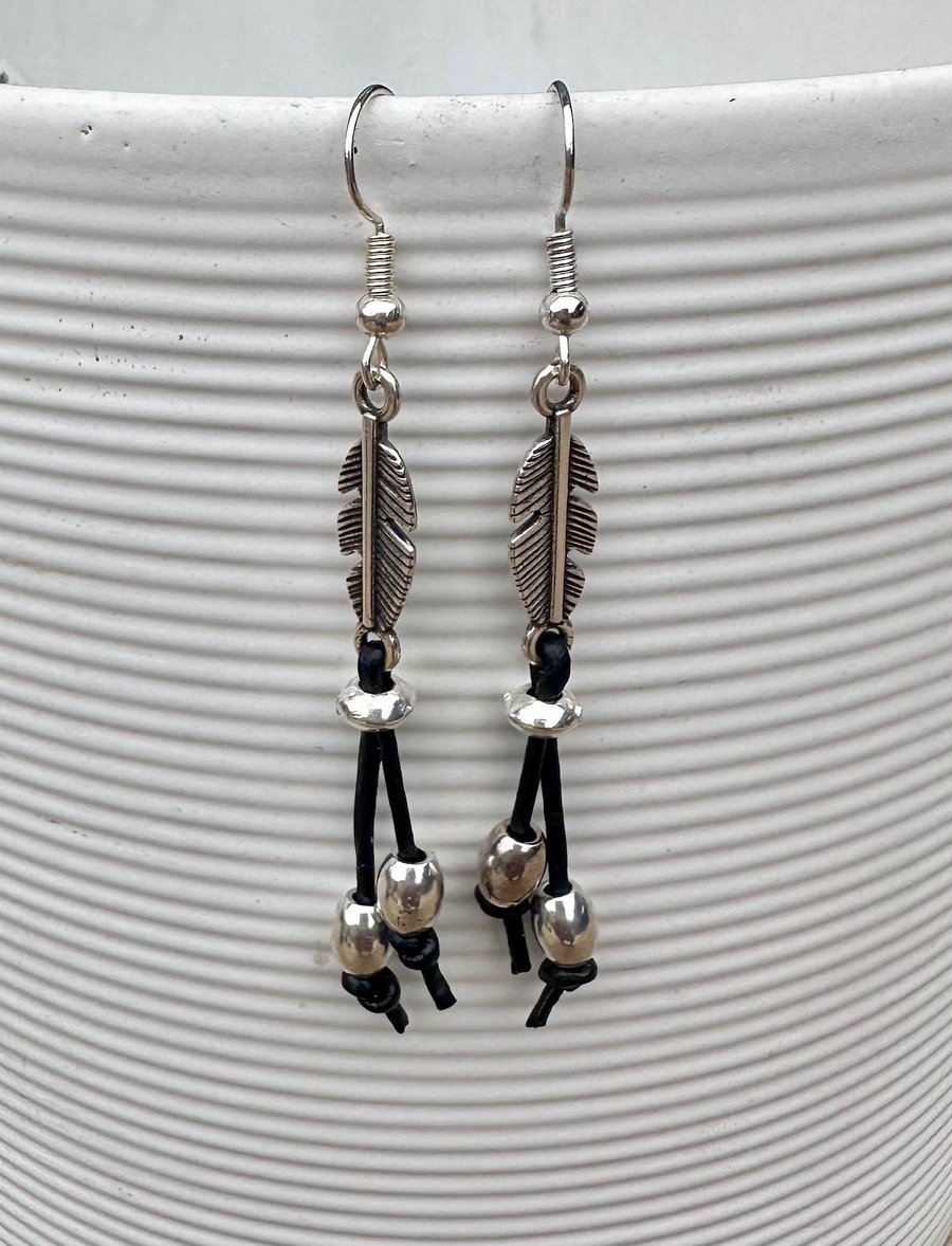 Leather Earrings, Silver Feather Boho Earrings Dainty Gift For Women
