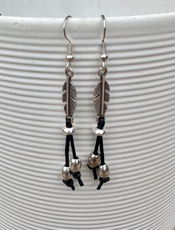 Leather Earrings, Silver Feather Boho Earrings Dainty Gift For Women