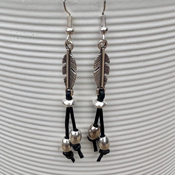 Leather Earrings, Silver Feather Boho Earrings Dainty Gift For Women