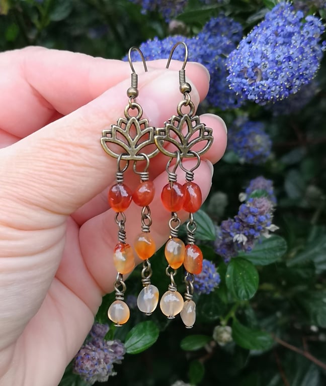 Carnelian and lotus flower antique gold earrings