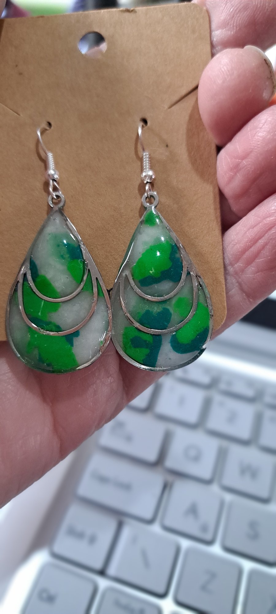 Lovely pair of oval bezel and polymer clay earrings. Green, white, light green 