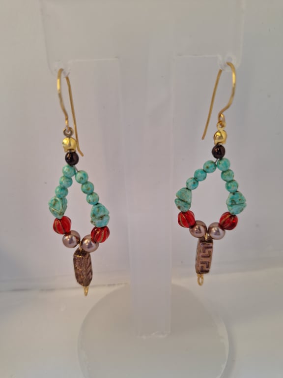 Turquoise and Red Boho Beaded Dangle Earrings