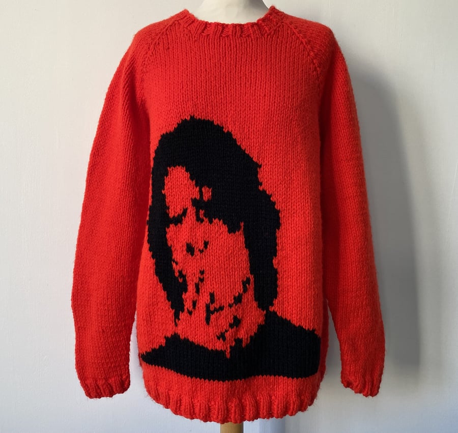 Hand Knitted Red Rocker Iconic Image Raglan Sleeves