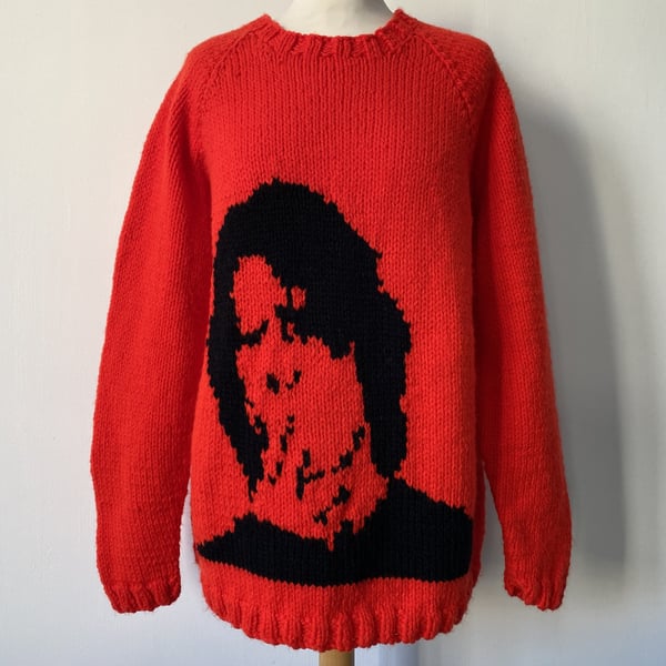 Hand Knitted Red Rocker Iconic Image Raglan Sleeves