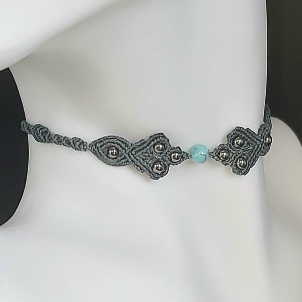 Gray Macrame Choker Necklace with Turquoise gemstone 