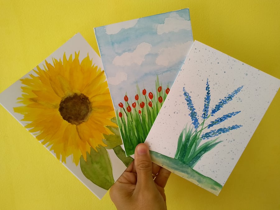 Set of 3 Hand Painted Original Watercolour Flowers Greetings Cards Note cards