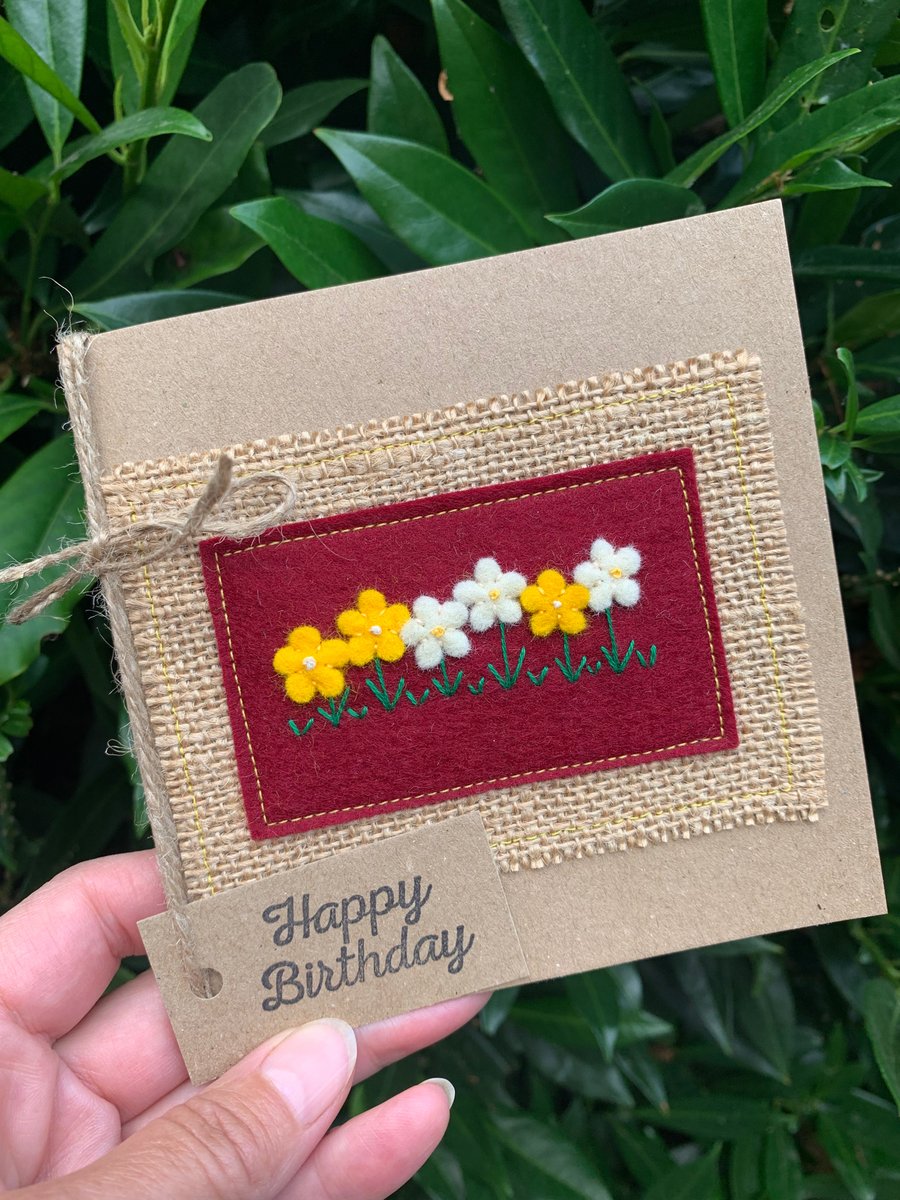 Handmade Birthday card. Yellow and cream flowers from wool felt. Keepsake card.