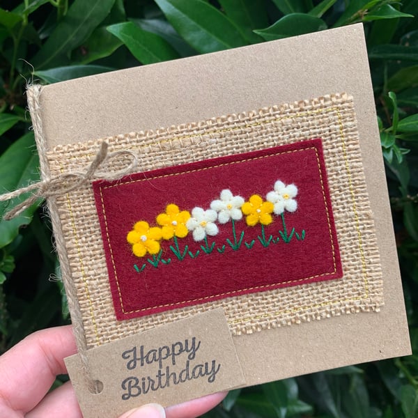 Handmade Birthday card. Yellow and cream flowers from wool felt. Keepsake card.