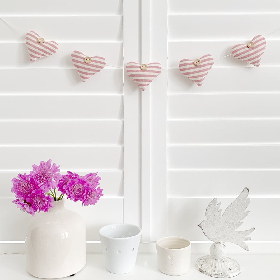 HEARTS BUNTING - pink and white stripes with lavender