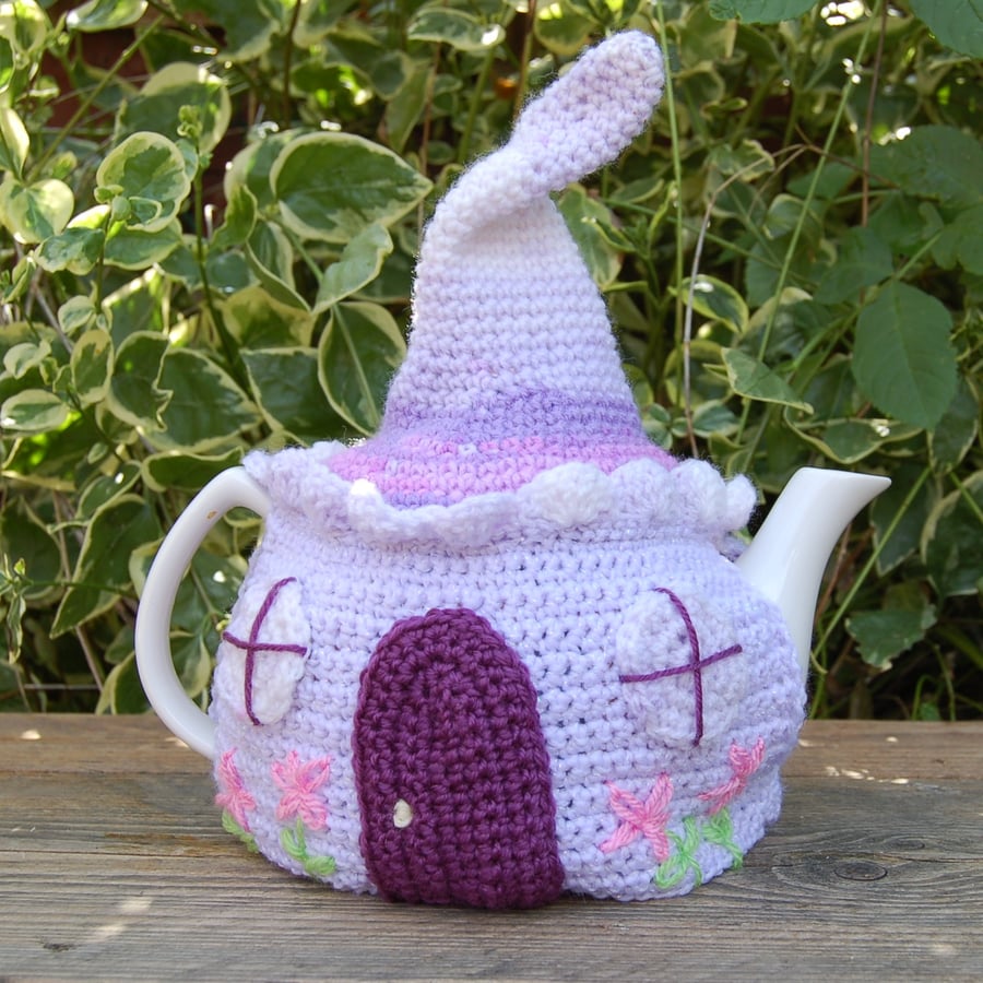 Seconds Sunday Tea Cosy, Crochet Fairy cottage tea cosy for a large teapot