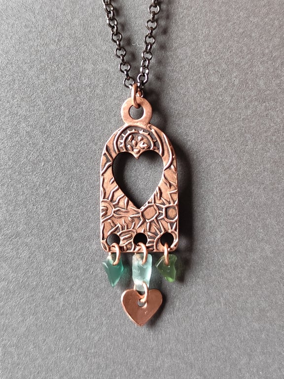 Copper and seaglass valentine pendant, unique, recycled material