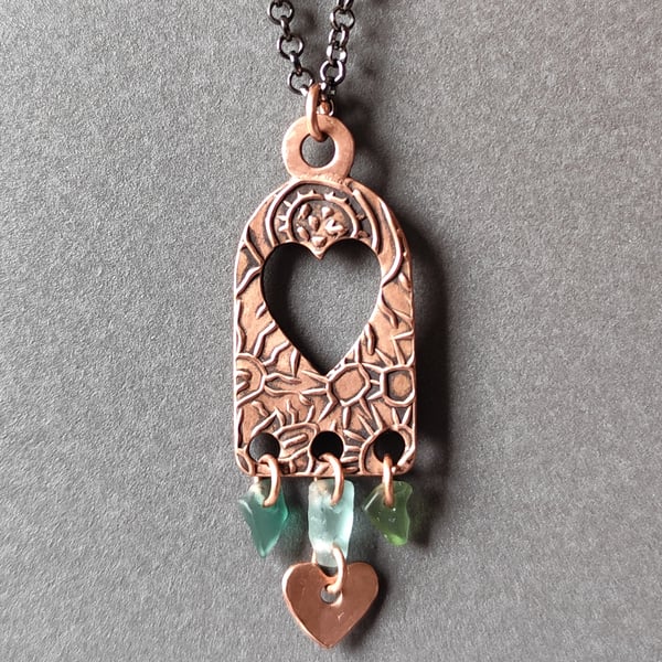 Copper and seaglass valentine pendant, unique, recycled material