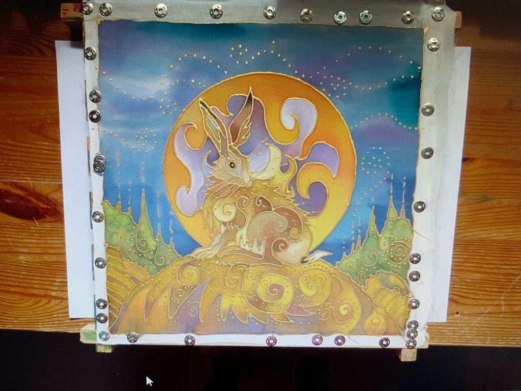 A painting of a Mystic Moon Hare. Original Hand Painted On Silk. Mabon Moon Hare