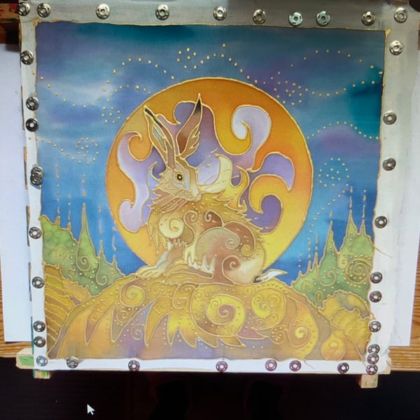 A painting of a Mystic Moon Hare. Original Hand Painted On Silk. Mabon Moon Hare