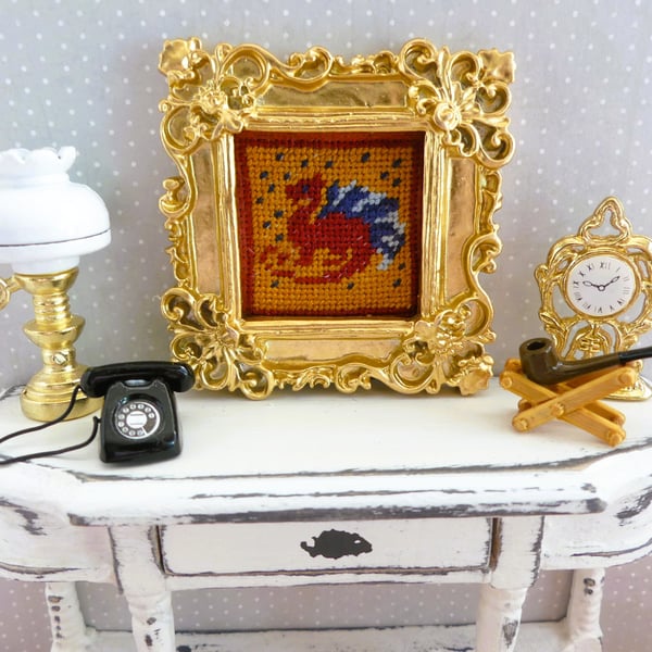1.12 Scale Miniature Cross Stitch Framed Picture - Dragon Design