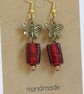 Handmade Red Foil Glass Bead & Bronze Butterfly Dangle Earrings