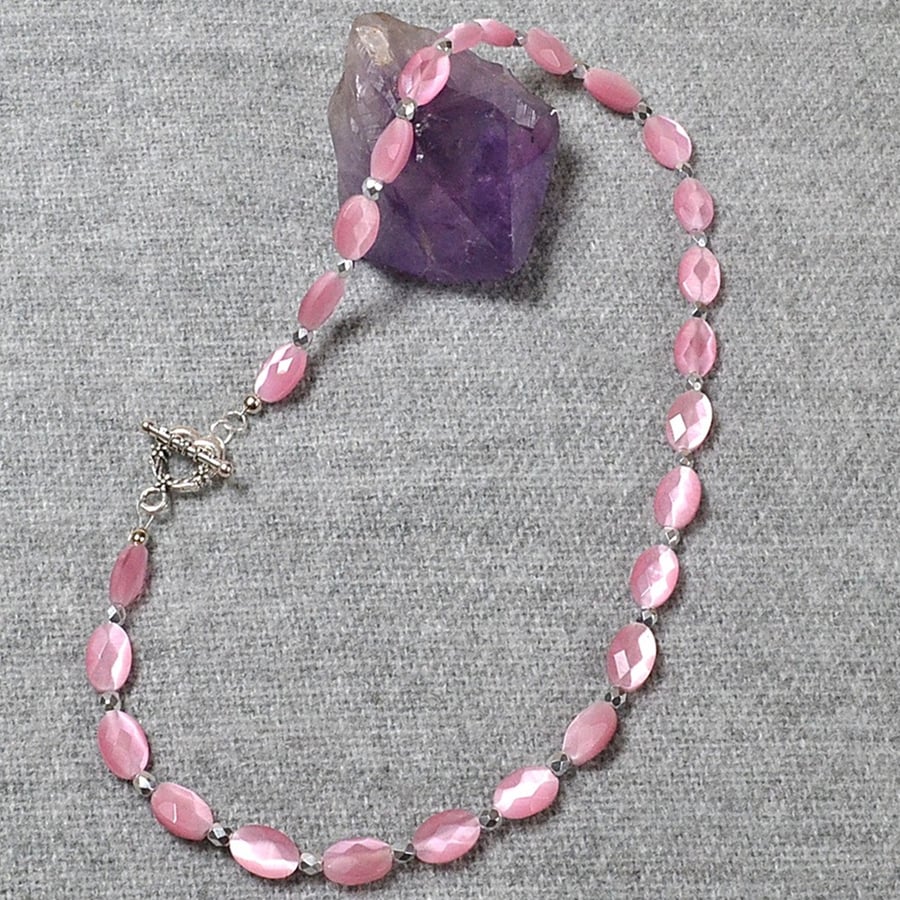 Pale Pink Faceted Glass Oval and Silver Crystal Bead Necklace