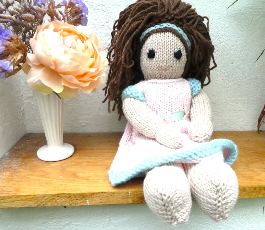 Doll. Hand Knitted Doll 12" handmade Doll with Brown Hair & Removable  Dress