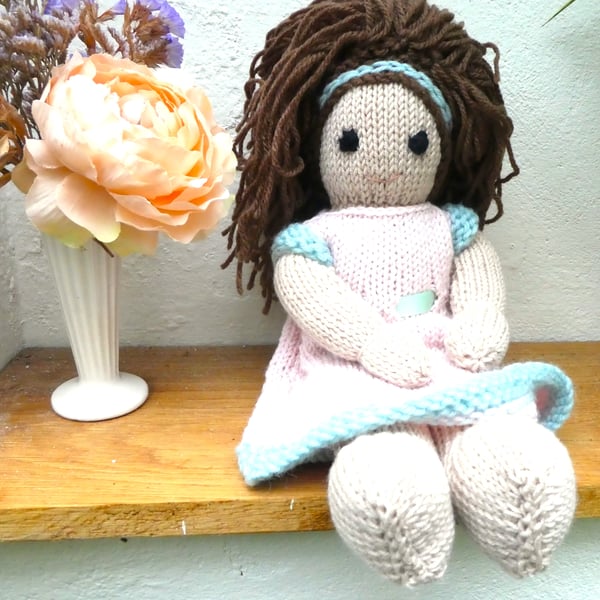 Doll. Hand Knitted Doll 12" handmade Doll with Brown Hair & Removable  Dress