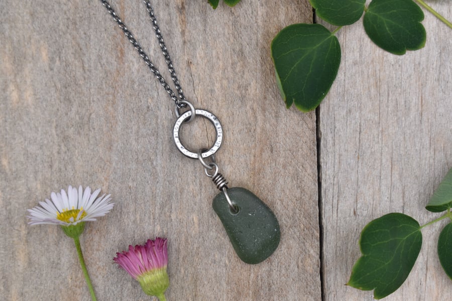 Dark Green Sea Glass and Recycled Sterling Silver Necklace, Scottish Sea Glass