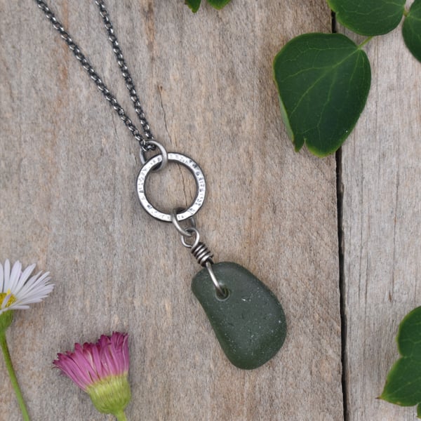 Dark Green Sea Glass and Recycled Sterling Silver Necklace, Scottish Sea Glass