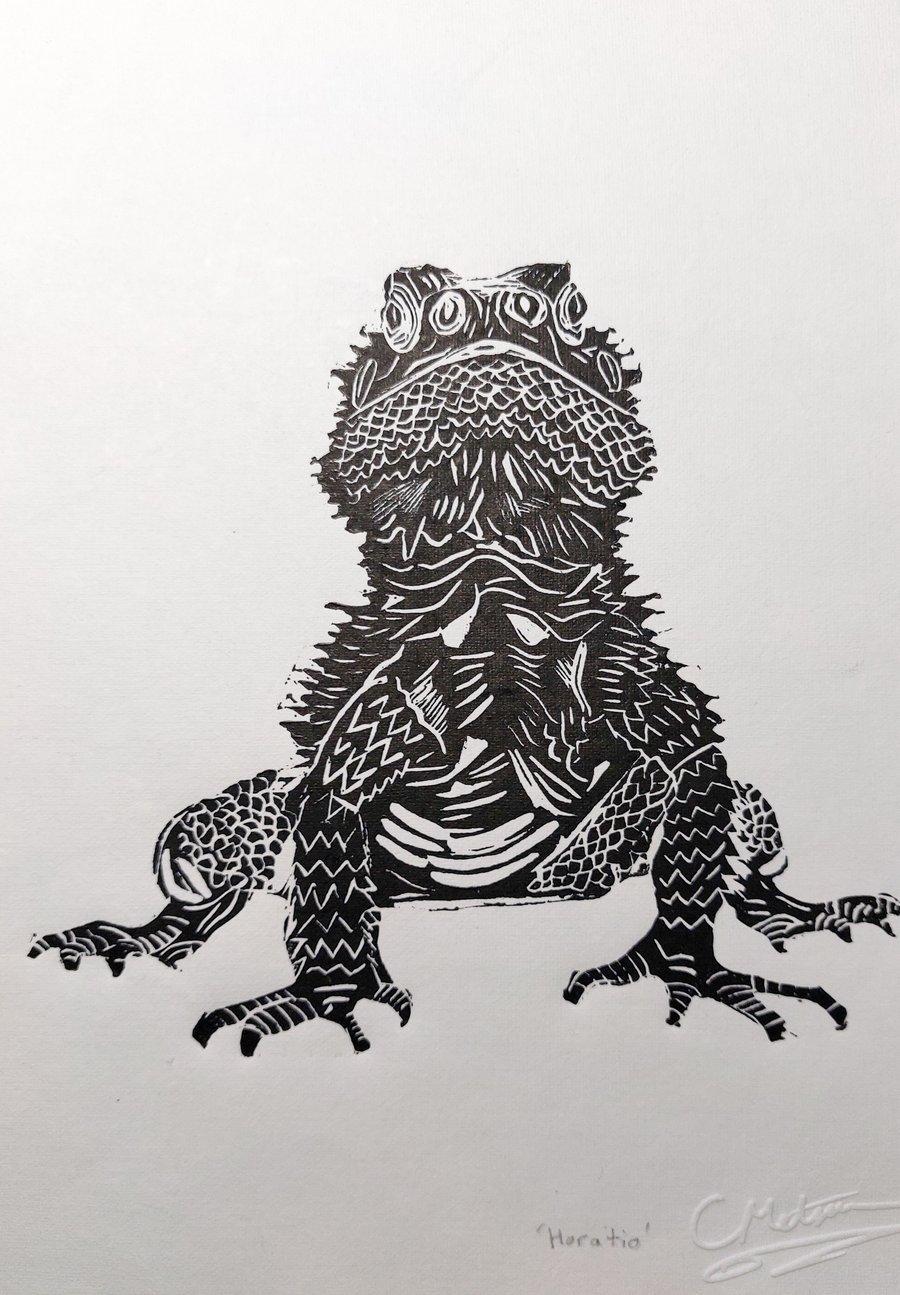 'Horatio' - Black Bearded Dragon portrait - A4 original lino print