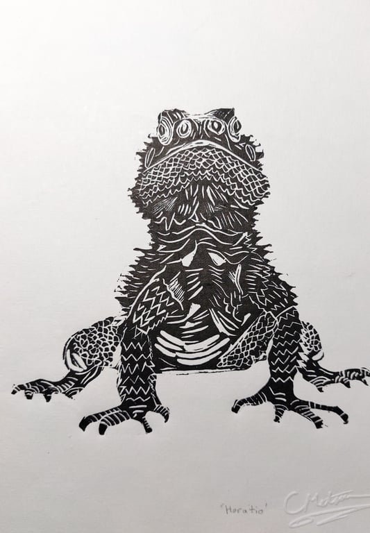 'Horatio' - Black Bearded Dragon portrait - A4 original lino print
