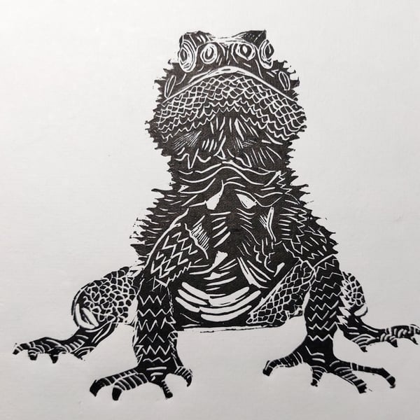 'Horatio' - Black Bearded Dragon portrait - A4 original lino print