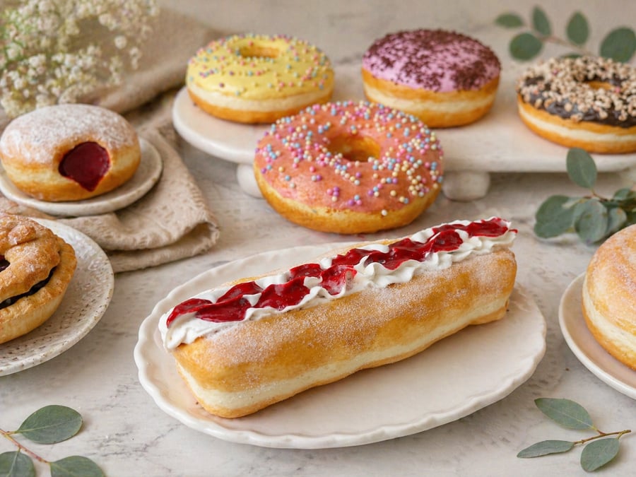 Realistic Strawberry Split Cream Jam Doughnut – Faux Dessert Bakery Display