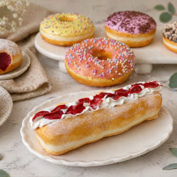 Realistic Strawberry Split Cream Jam Doughnut – Faux Dessert Bakery Display