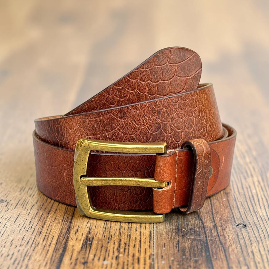 Brown scaled leather belt with antique golden brass buckle 1.5 inch
