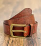 Brown scaled leather belt with antique golden brass buckle 1.5 inch