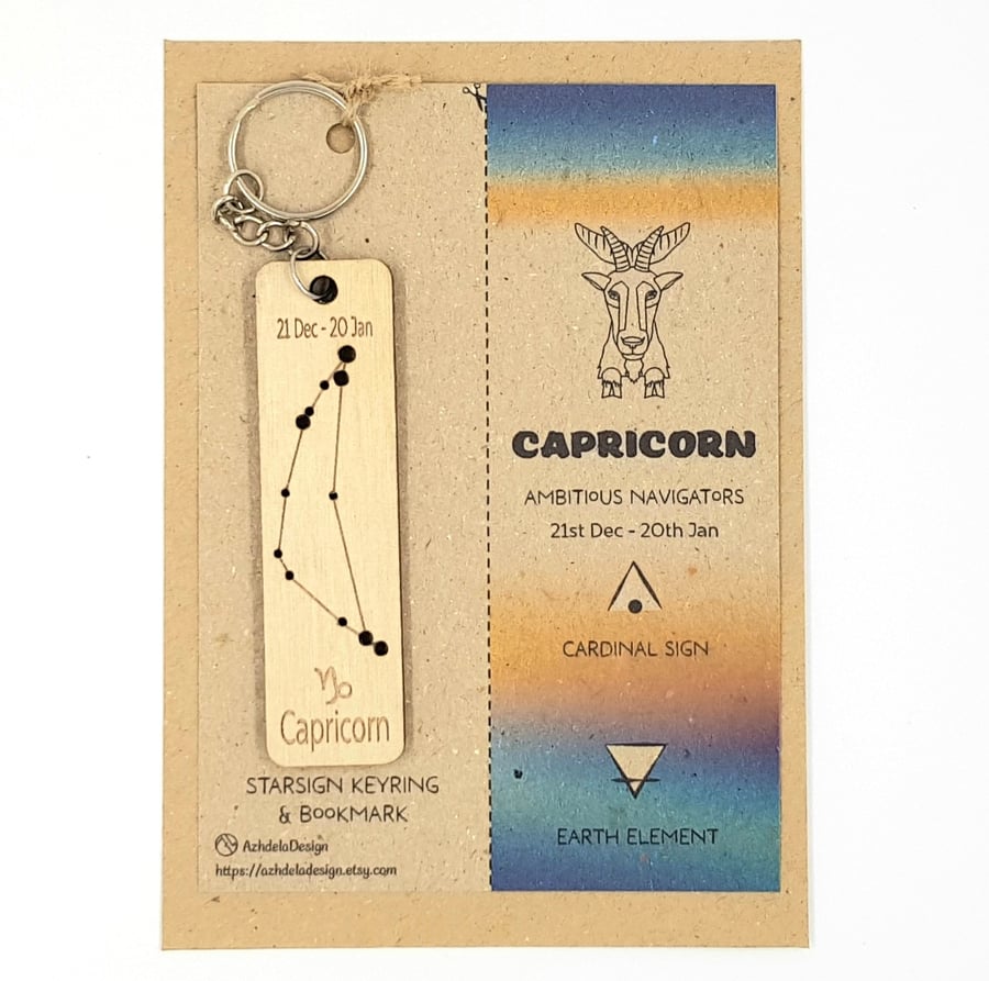 Capricorn Zodiac Star Sign Constellation Wooden Keyring & Bookmark Gift