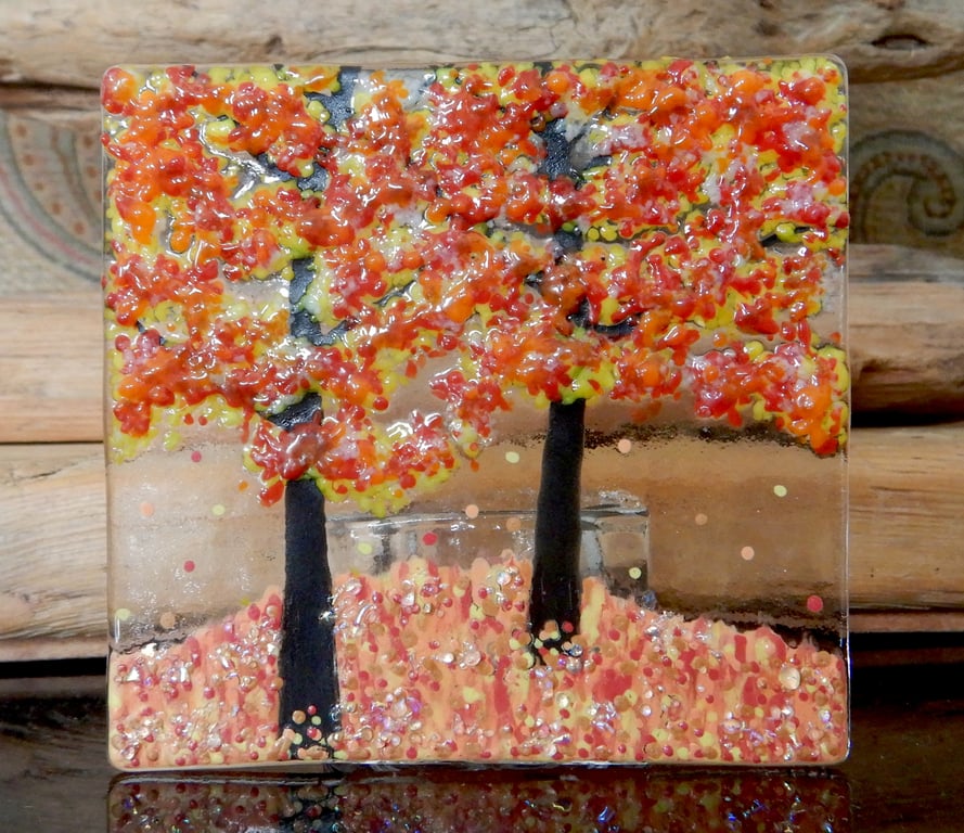 Handmade Fused Glass 'Autumn Tree' T Light Holder
