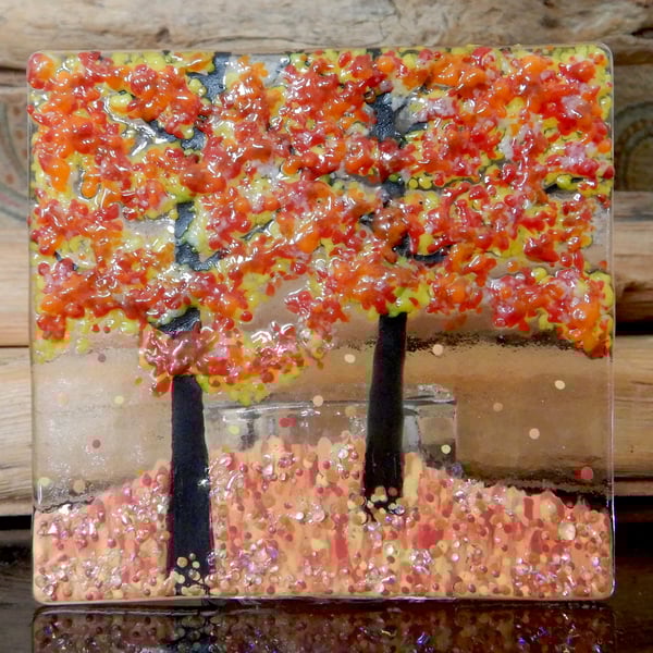 Handmade Fused Glass 'Autumn Tree' T Light Holder