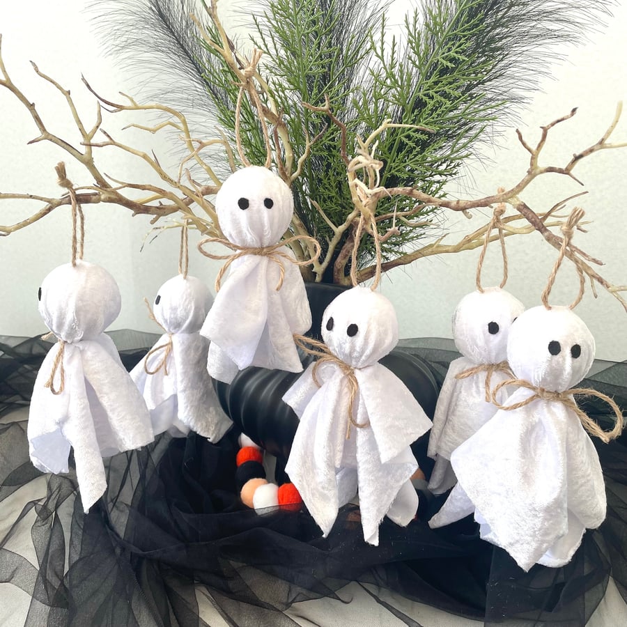 Set of 6 Velvet Ghost Halloween Ornaments – White Crushed Velvet Hanging Ghosts 